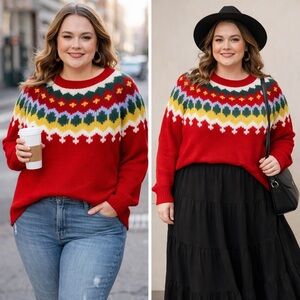 Red Women's Crew Neck Fair Isle Sweater